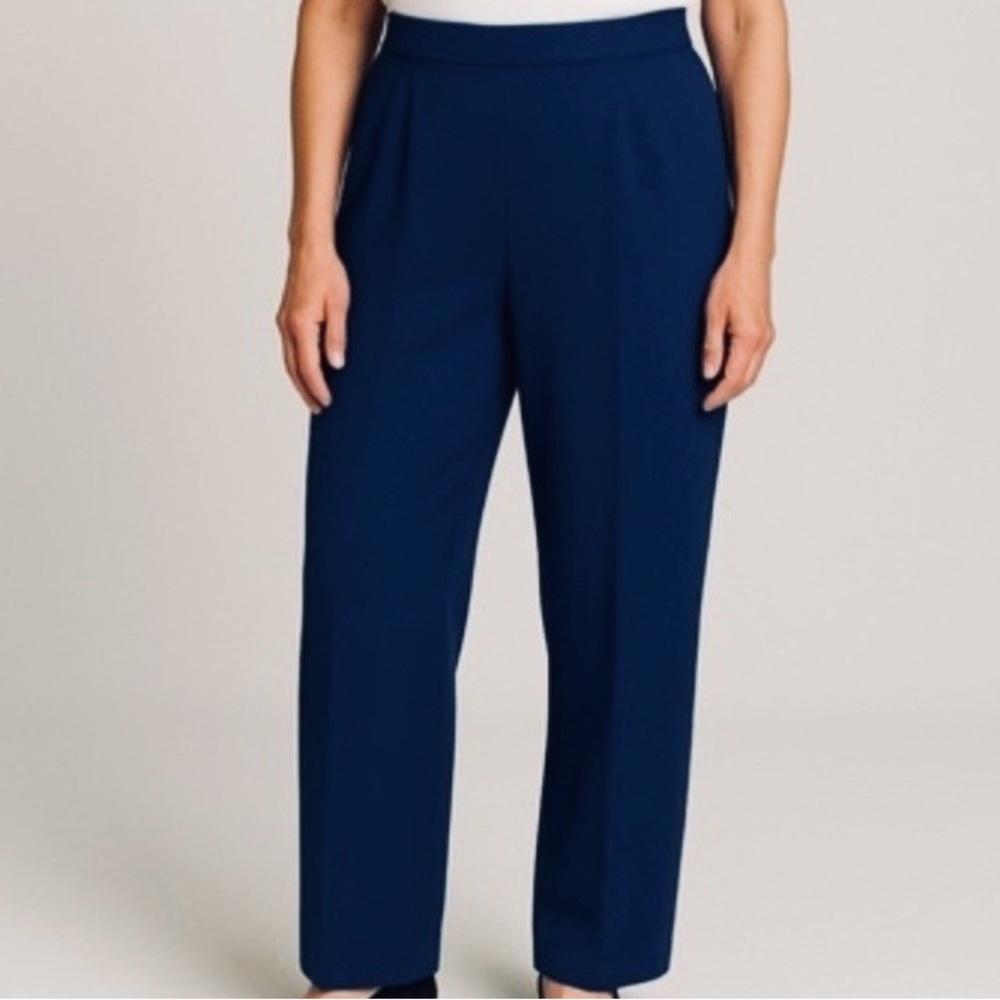 ST. JOHN BASICS Santana Knit Pants Navy Blue Pull On Stretch Pleat Comfort Sz 12